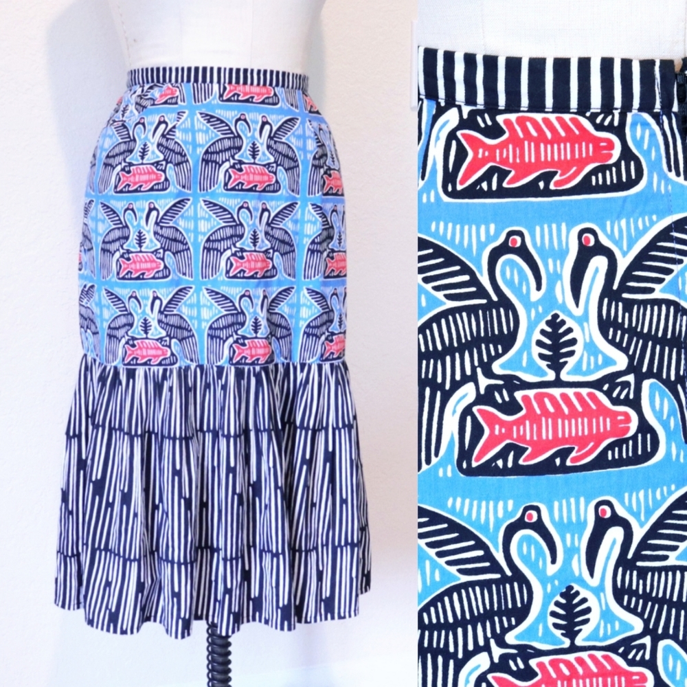 Carolina K Anthropologie Blue and Pink A-Line Fish Bird Skirt